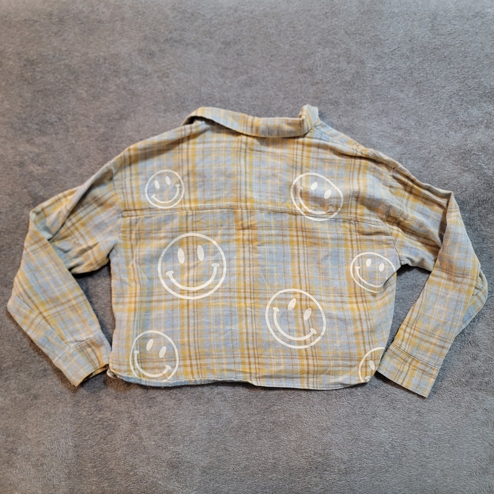Altar'd State Multicolor Plaid Smiley Face Cropped Long Sleeve Collared Shirt S - Picture 3 of 3